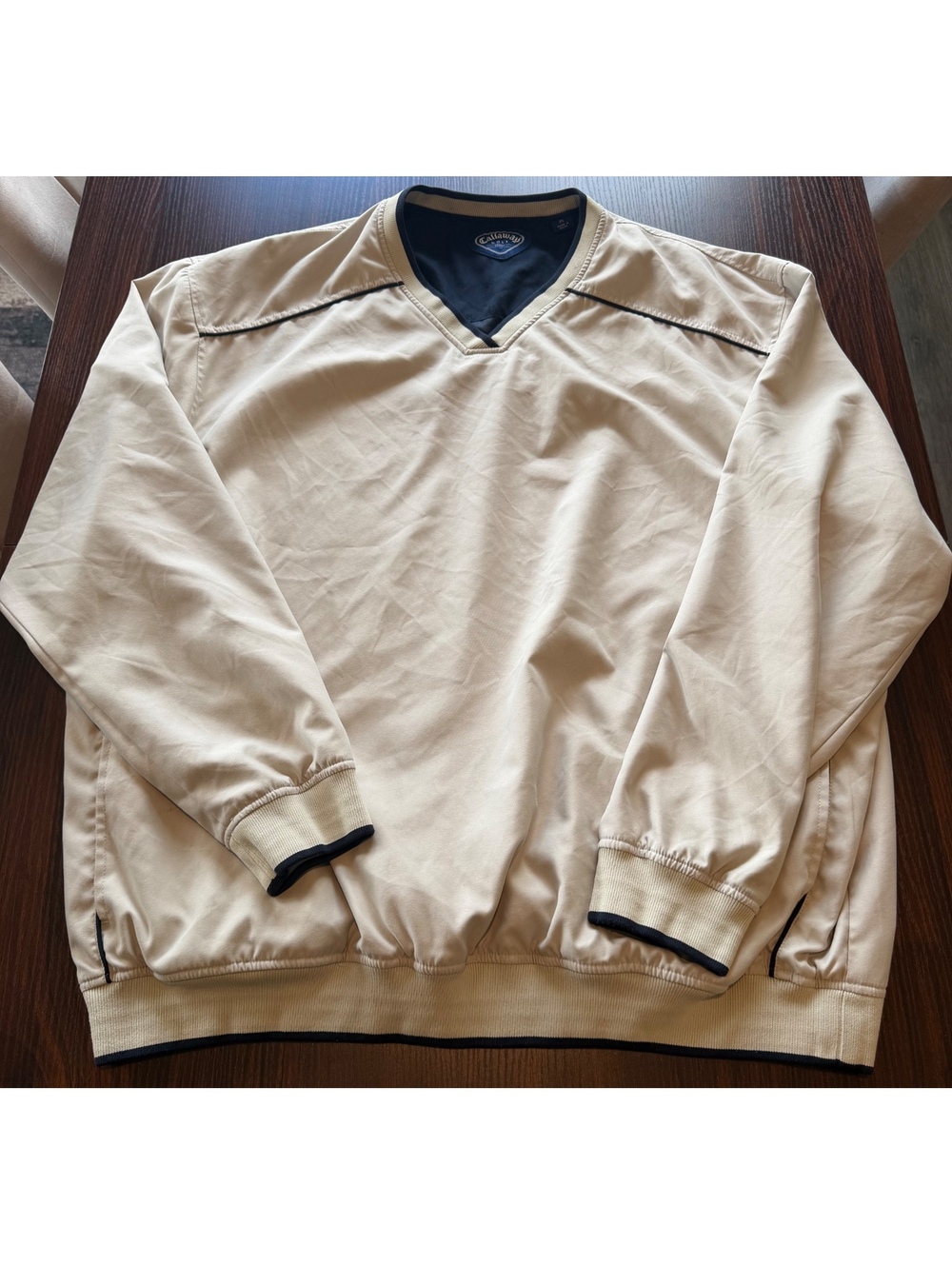 Callaway Golf Men’s Sport V-Neck Windbreaker Pullover Tan with Navy Trim Size XL